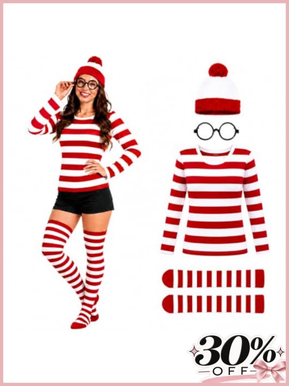 Cosplay Costume Set Striped Long Sleeve Shirt Socks Beanie Glasses